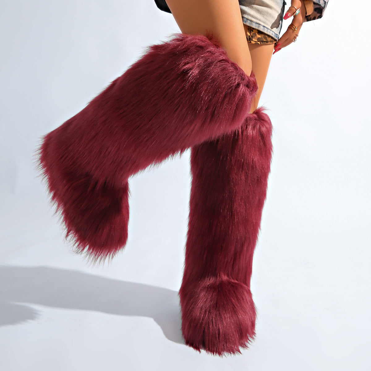 IPPEUM Winered Mongolian Fur Boots Knee High Boots Shoes Winter Plus Size 46