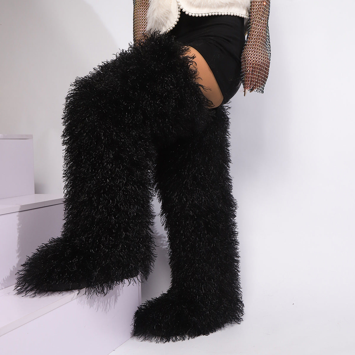 IPPEUM Fur Boots Knee High Shoes Winter Plus Size 46