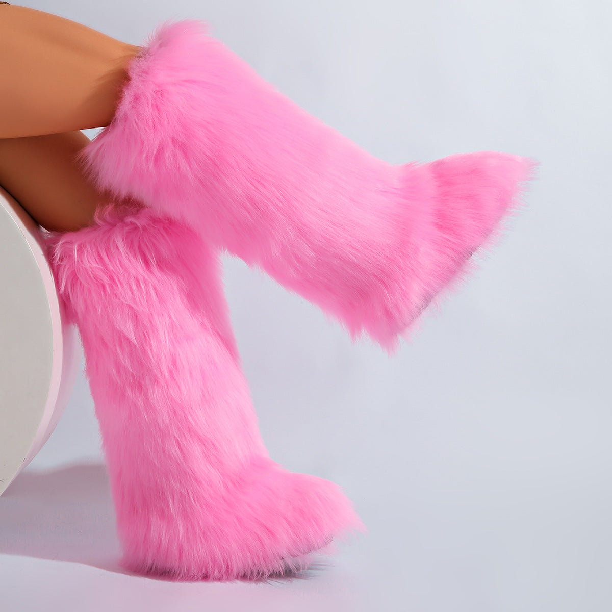 IPPEUM Pink Mongolian Fur Boots Knee High Boots Shoes Winter Plus Size 46