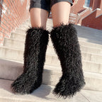 IPPEUM Black Mongolian Fur Boots Knee High Boots Shoes Winter Plus Size 45 Fuzzy Boots
