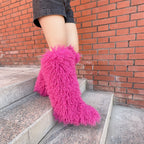 IPPEUM Rosered Mongolian Fur Boots Knee High Boots Shoes Winter Plus Size 45 Fuzzy Boots
