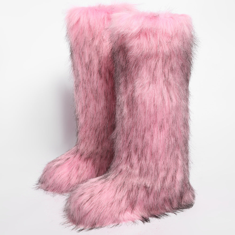 IPPEUM Mongolian Fur Boots Knee High Boots Shoes Winter Plus Size 46 Pink