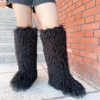 IPPEUM Black Mongolian Fur Boots Knee High Boots Shoes Winter Plus Size 45 Fuzzy Boots