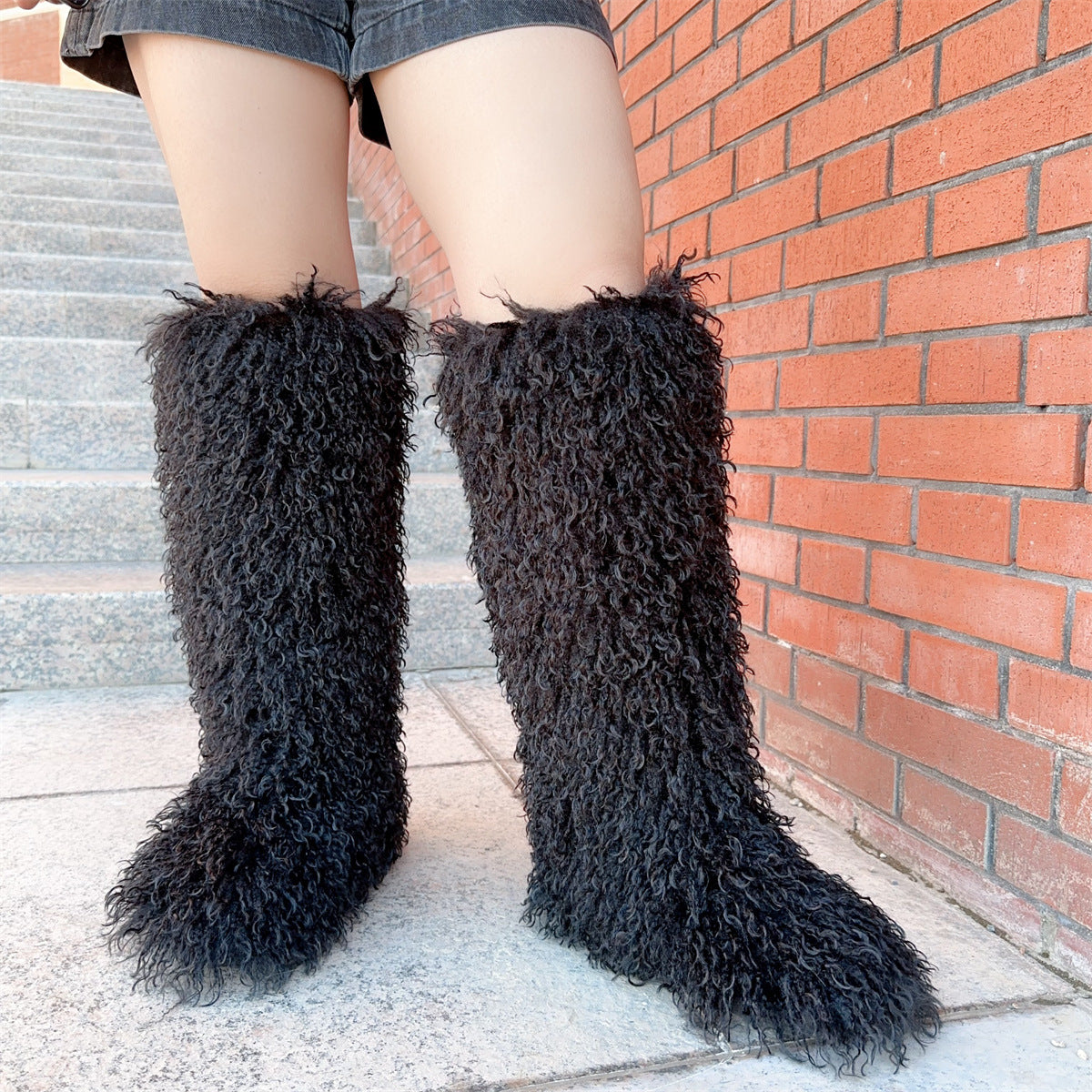IPPEUM Black Mongolian Fur Boots Knee High Boots Shoes Winter Plus Size 45 Fuzzy Boots