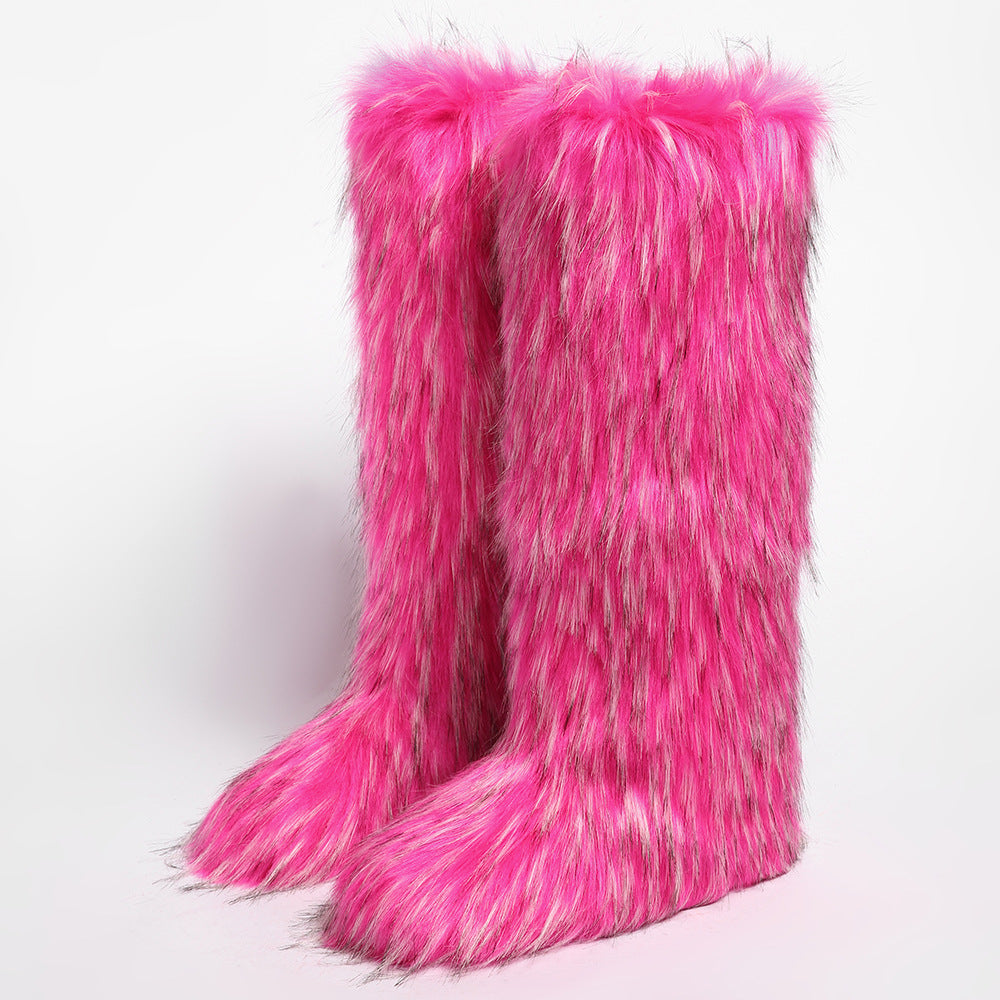 IPPEUM Mongolian Fur Boots Knee High Boots Shoes Winter Plus Size 46 Rosered