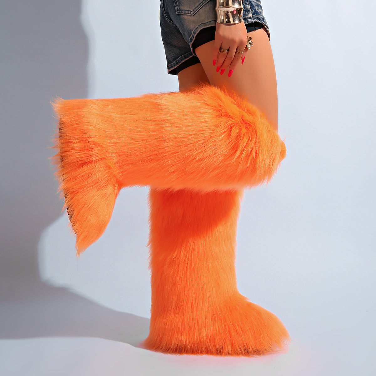 IPPEUM Orange Mongolian Fur Boots Knee High Boots Shoes Winter Plus Size 46
