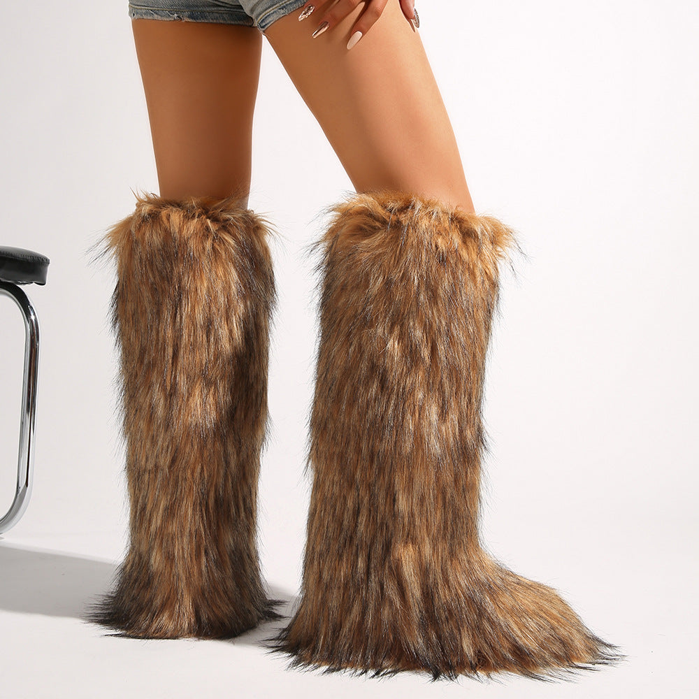 IPPEUM Mongolian Fur Boots Knee High Boots Shoes Winter Plus Size 46 Brown