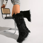 IPPEUM Mongolian Fur Boots Knee High Boots Shoes Winter Plus Size 46 Black