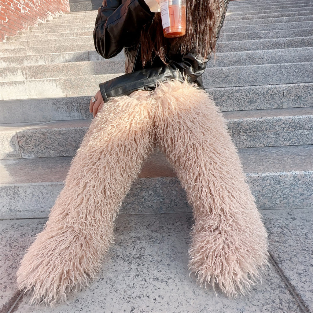 IPPEUM Khaki Mongolian Fur Boots Knee High Boots Shoes Winter Plus Size 45 Fuzzy Boots