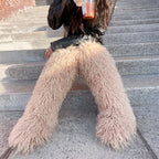 IPPEUM Khaki Mongolian Fur Boots Knee High Boots Shoes Winter Plus Size 45 Fuzzy Boots