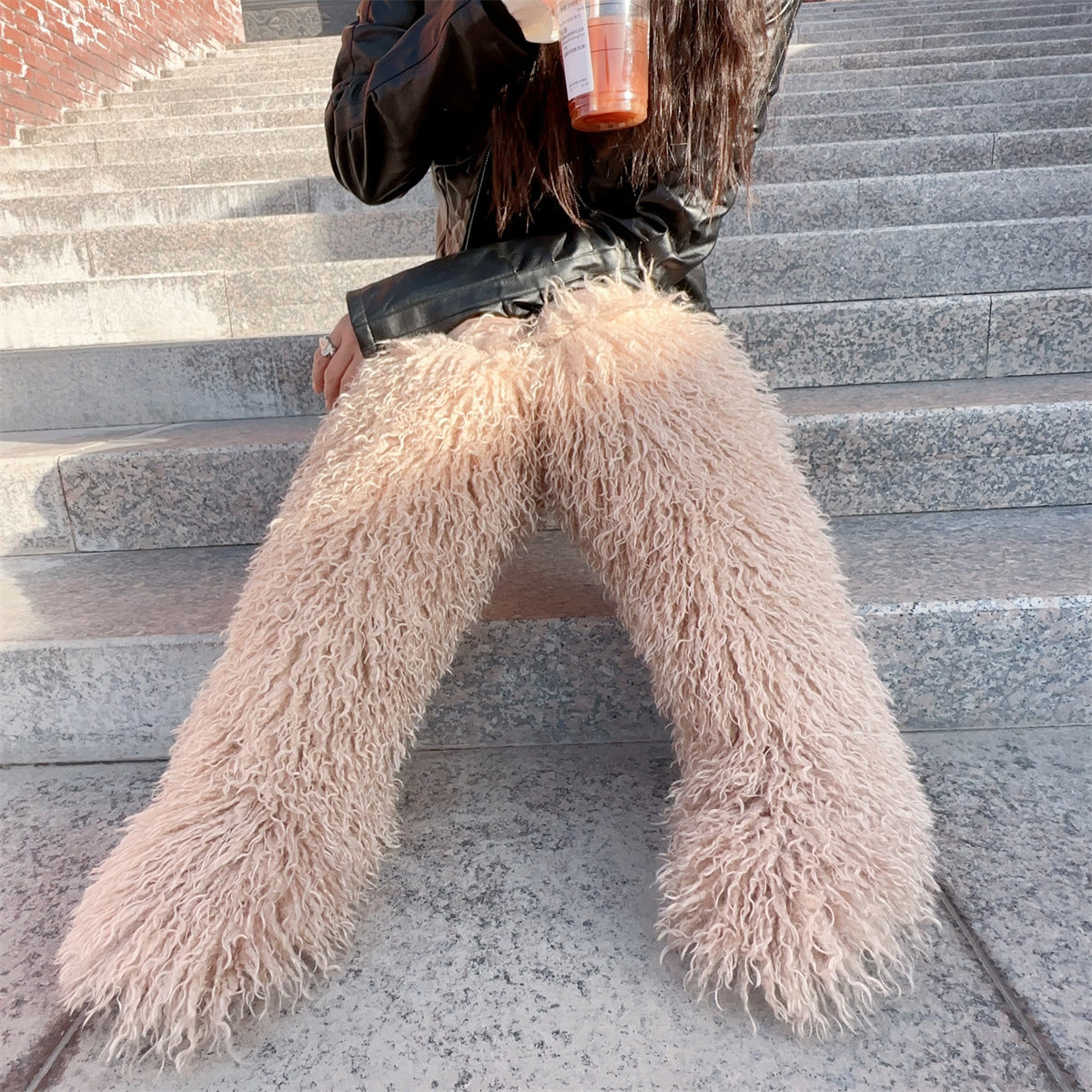 IPPEUM Khaki Mongolian Fur Boots Knee High Boots Shoes Winter Plus Size 45 Fuzzy Boots