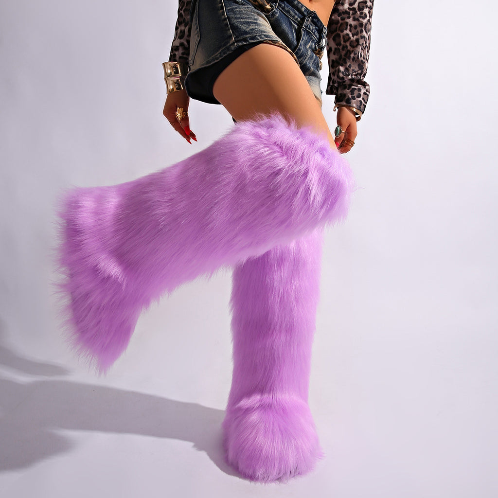 IPPEUM Purple Mongolian Fur Boots Knee High Boots Shoes Winter Plus Size 46