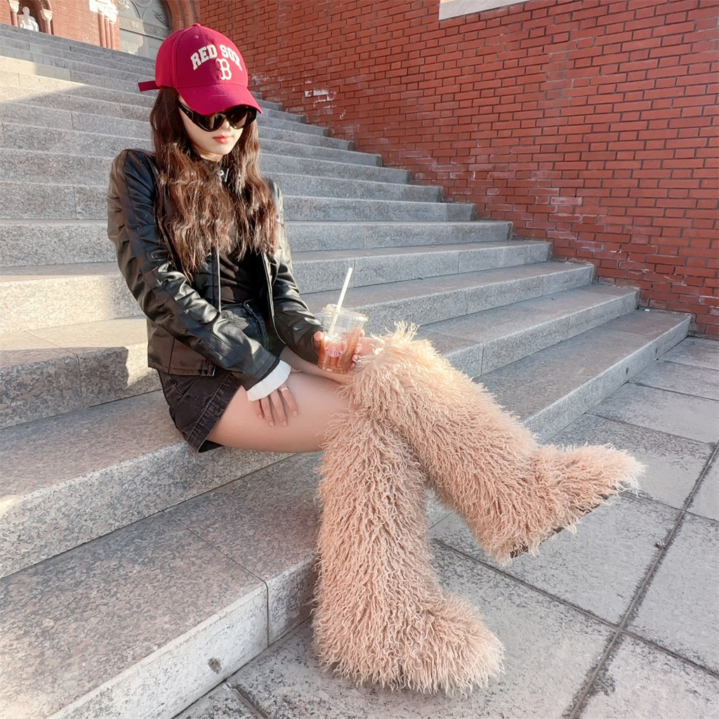 IPPEUM Khaki Mongolian Fur Boots Knee High Boots Shoes Winter Plus Size 45 Fuzzy Boots