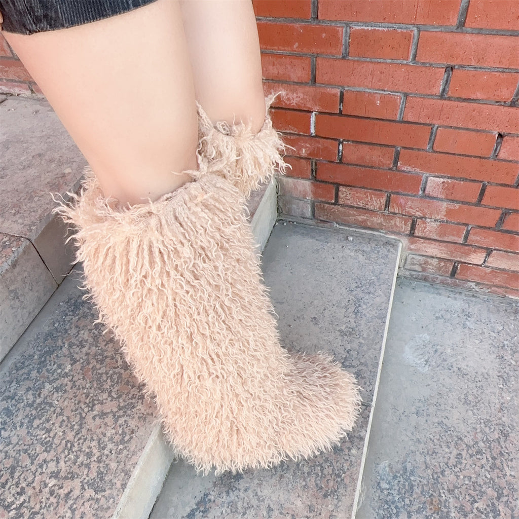 IPPEUM Khaki Mongolian Fur Boots Knee High Boots Shoes Winter Plus Size 45 Fuzzy Boots