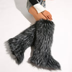 IPPEUM Mongolian Fur Boots Knee High Boots Shoes Winter Plus Size 46 Fuzzy Boots DeepGrey