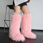 IPPEUM Pink Mongolian Fur Boots Knee High Boots Shoes Winter Plus Size 45 Fuzzy Boots