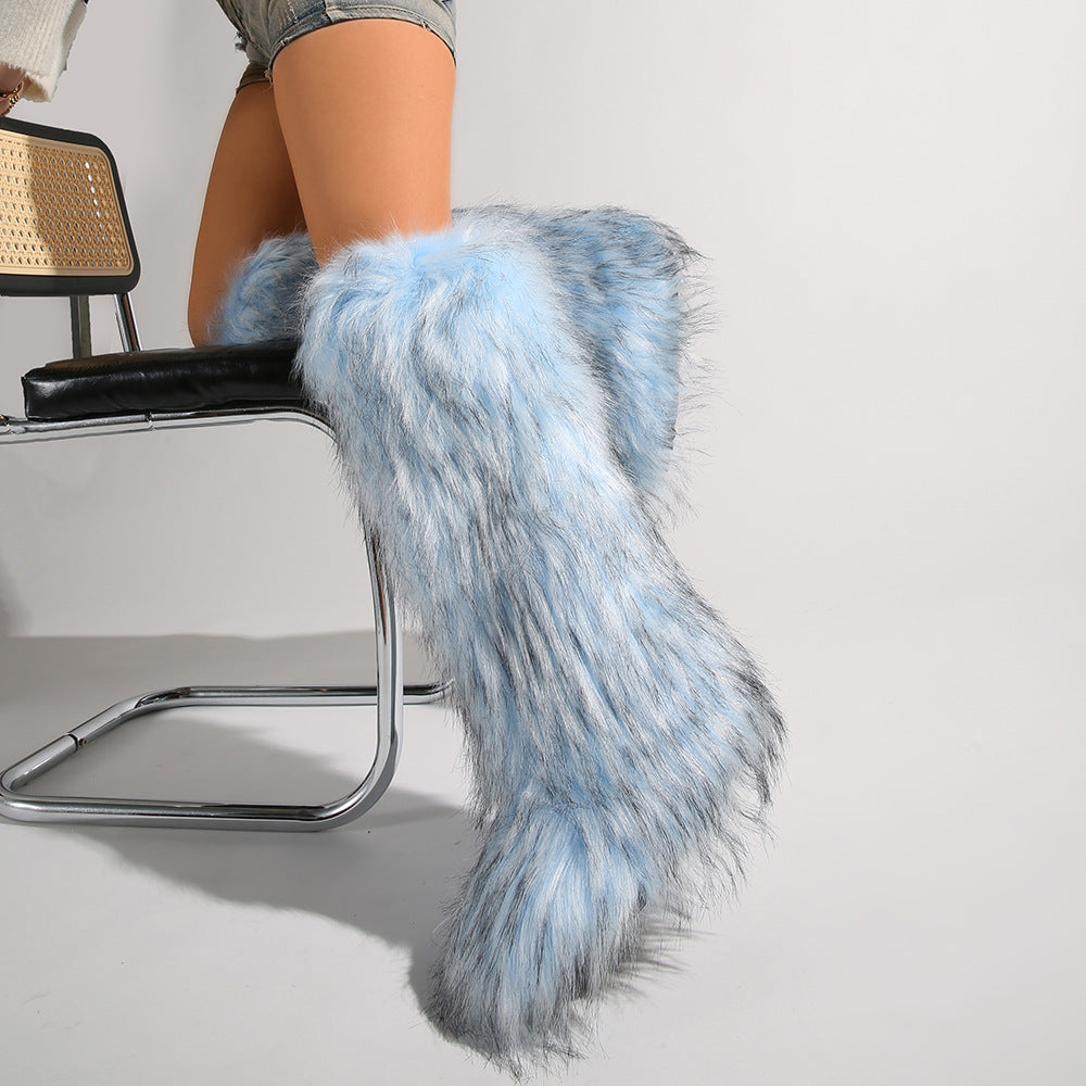 IPPEUM Mongolian Fur Boots Knee High Boots Shoes Winter Plus Size 46 Blue