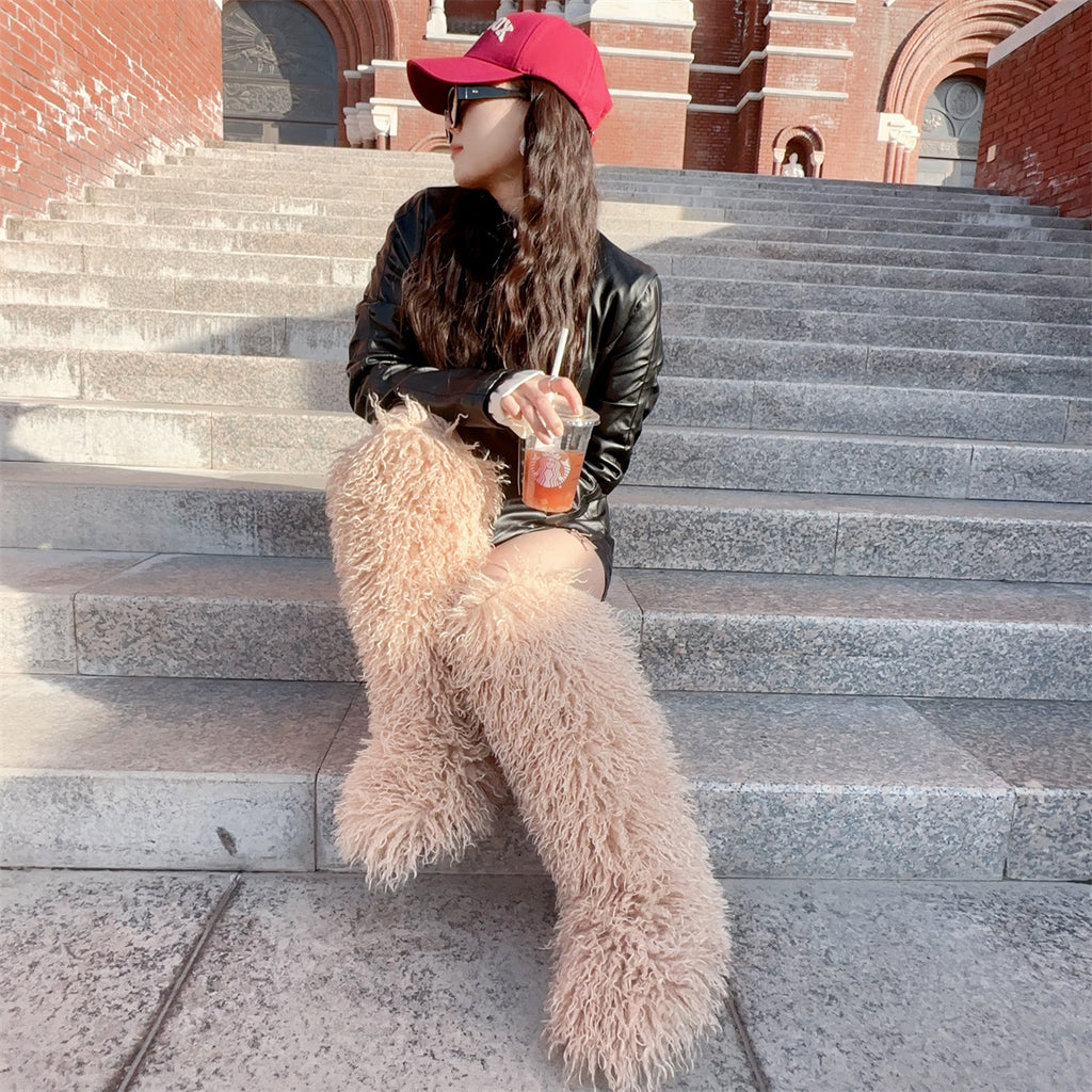 IPPEUM Khaki Mongolian Fur Boots Knee High Boots Shoes Winter Plus Size 45 Fuzzy Boots