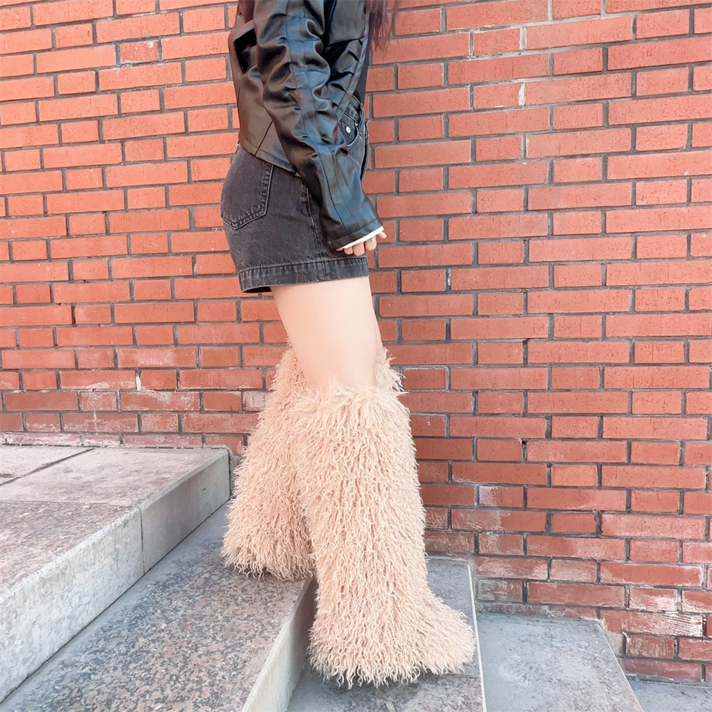 IPPEUM Khaki Mongolian Fur Boots Knee High Boots Shoes Winter Plus Size 45 Fuzzy Boots