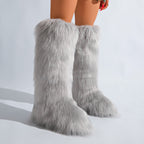 IPPEUM Grey Mongolian Fur Boots Knee High Boots Shoes Winter Plus Size 46