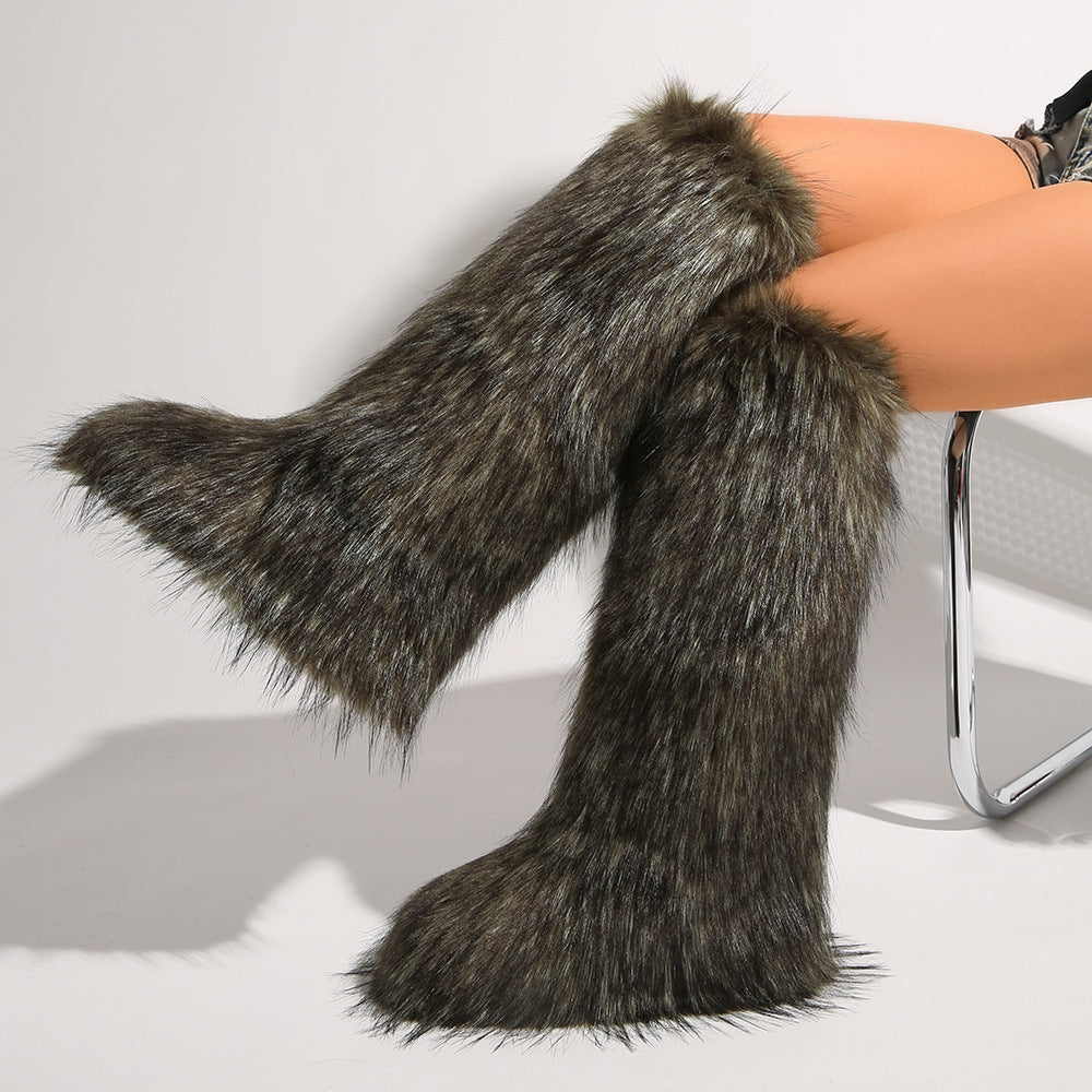 IPPEUM Mongolian Fur Boots Knee High Boots Shoes Winter Plus Size 46 Army Green