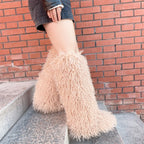 IPPEUM Khaki Mongolian Fur Boots Knee High Boots Shoes Winter Plus Size 45 Fuzzy Boots