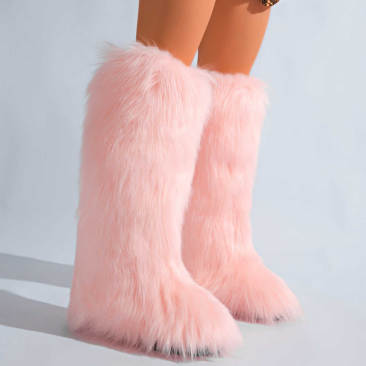 IPPEUM LightPink Mongolian Fur Boots Knee High Boots Shoes Winter Plus Size 46