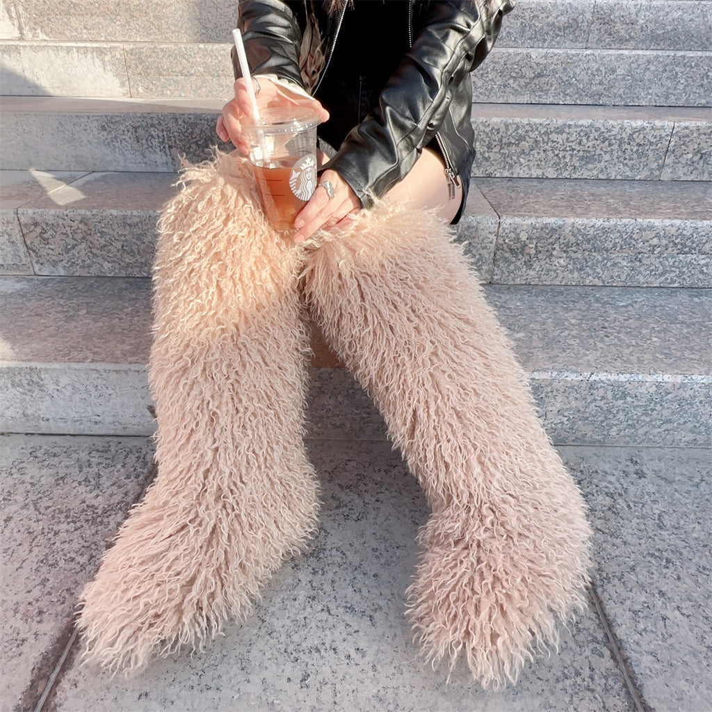 IPPEUM Khaki Mongolian Fur Boots Knee High Boots Shoes Winter Plus Size 45 Fuzzy Boots