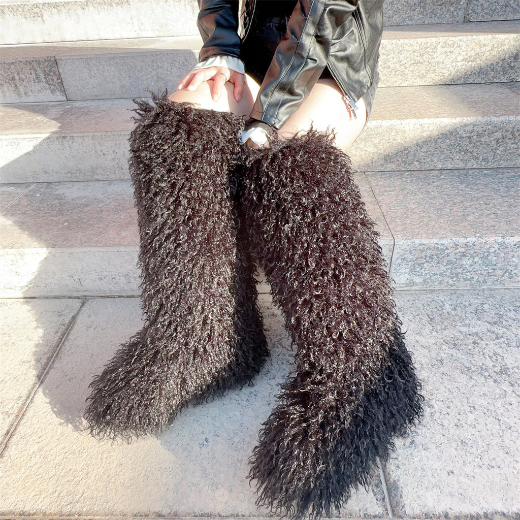 IPPEUM Black Mongolian Fur Boots Knee High Boots Shoes Winter Plus Size 45 Fuzzy Boots