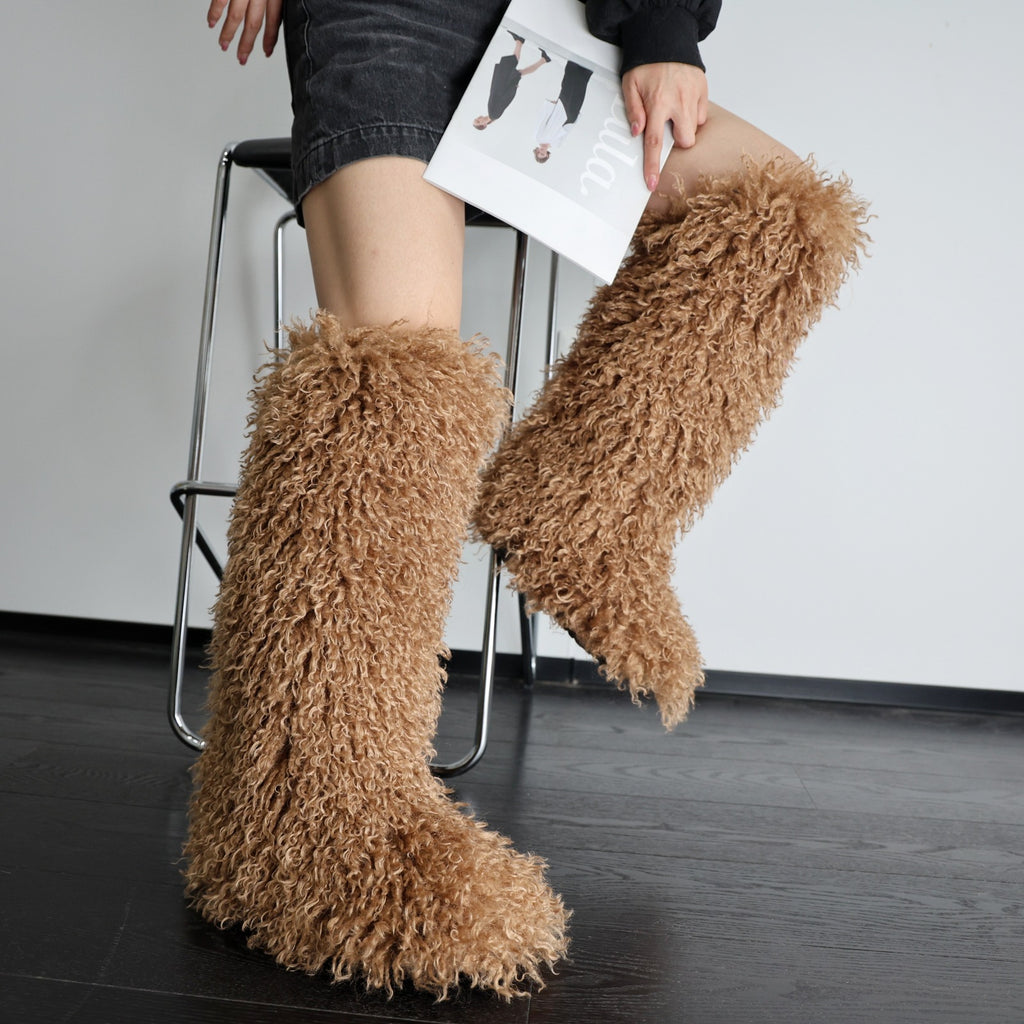 IPPEUM Brown Mongolian Fur Boots Knee High Boots Shoes Winter Plus Size 45 Fuzzy Boots