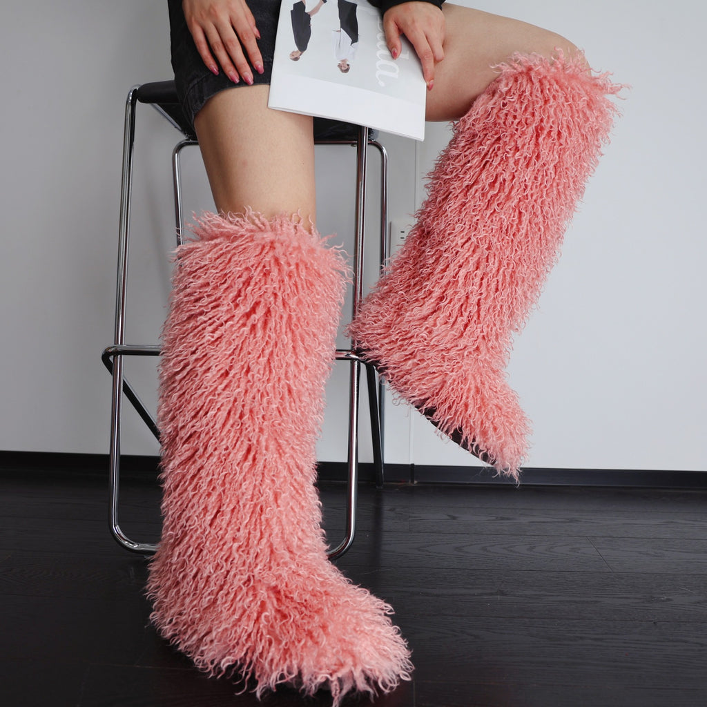 IPPEUM LightPink Mongolian Fur Boots Knee High Boots Shoes Winter Plus Size 45 Fuzzy Boots