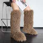 IPPEUM Brown Mongolian Fur Boots Knee High Boots Shoes Winter Plus Size 45