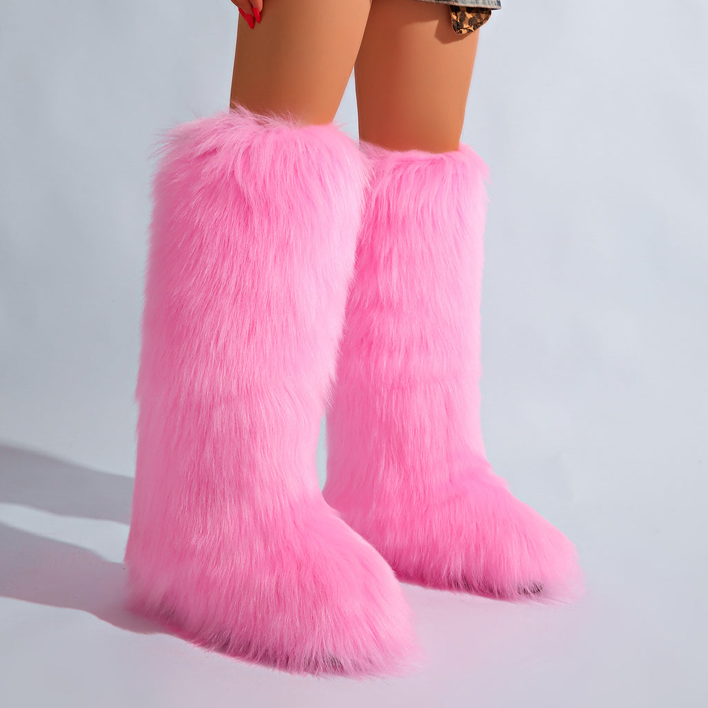 IPPEUM Pink Mongolian Fur Boots Knee High Boots Shoes Winter Plus Size 46