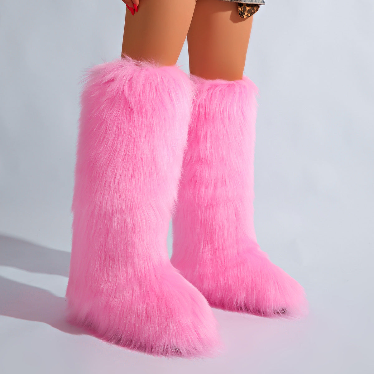 IPPEUM Pink Mongolian Fur Boots Knee High Boots Shoes Winter Plus Size 46