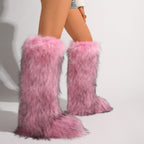 IPPEUM Mongolian Fur Boots Knee High Boots Shoes Winter Plus Size 46 Pink