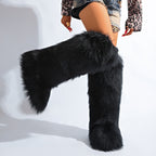 IPPEUM Black Knee High Fur Boots Shoes Winter Plus Size 46