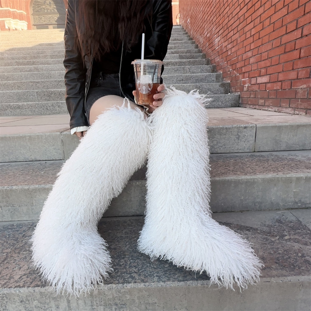 IPPEUM White Mongolian Fur Boots Knee High Boots Shoes Winter Plus Size 45 Fuzzy Boots