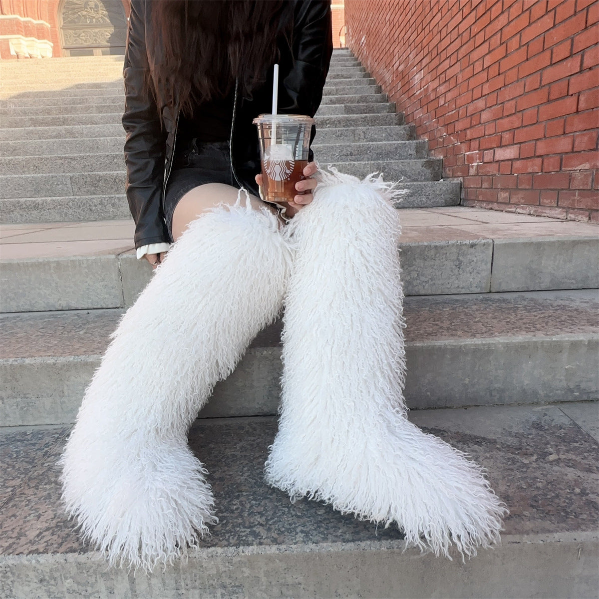 IPPEUM White Mongolian Fur Boots Knee High Boots Shoes Winter Plus Size 45 Fuzzy Boots