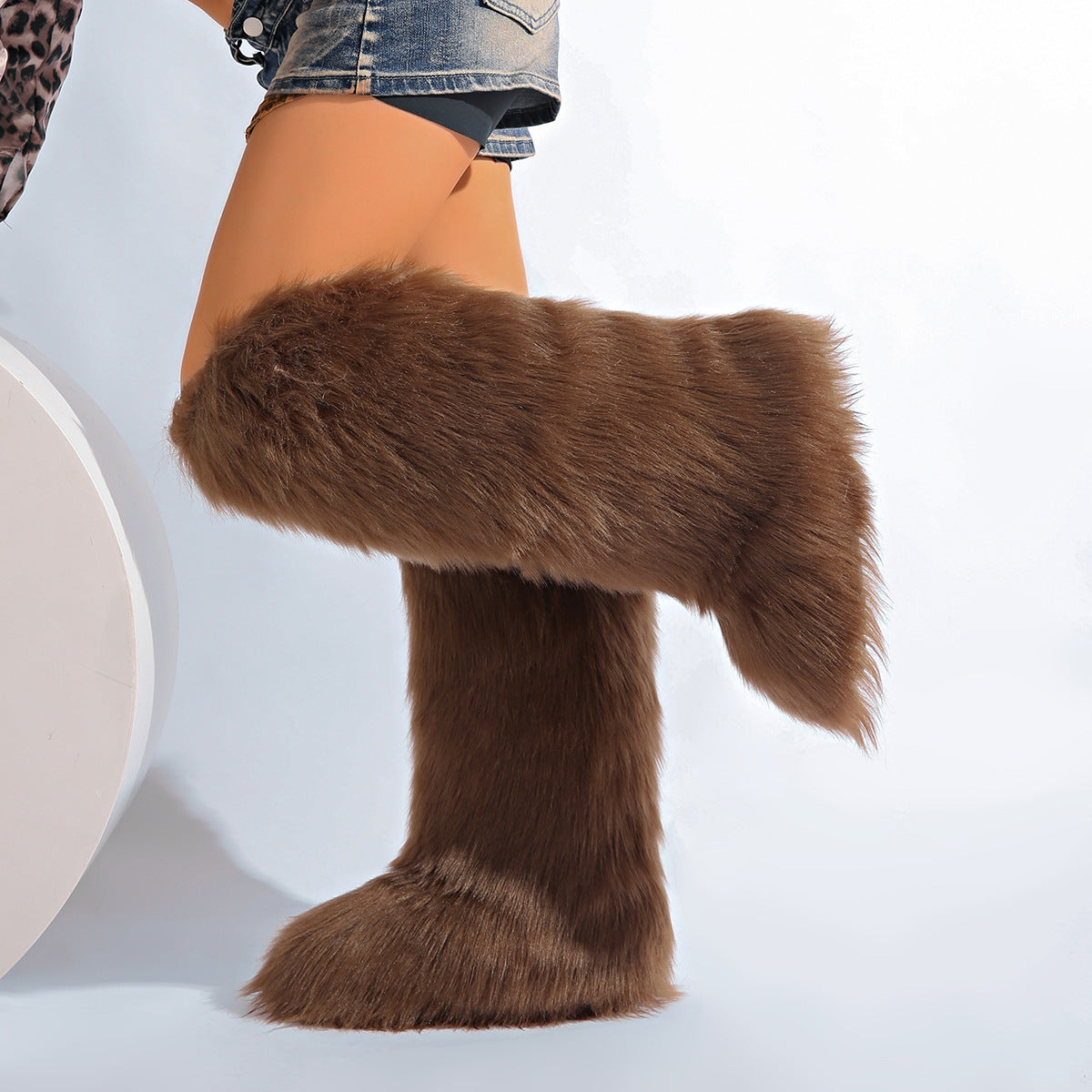 IPPEUM Brown Mongolian Fur Boots Knee High Boots Shoes Winter Plus Size 46