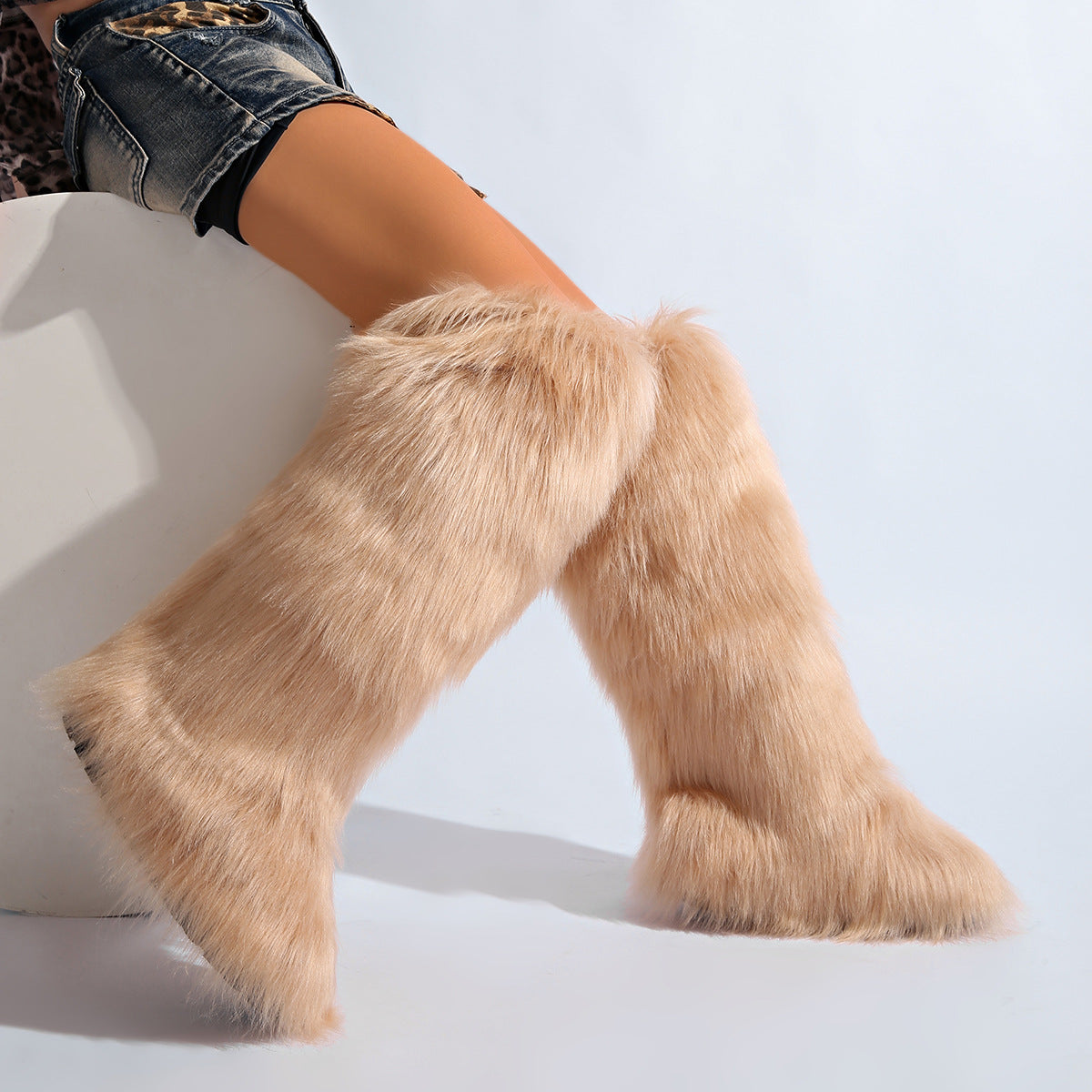 IPPEUM Khaki Mongolian Fur Boots Knee High Boots Shoes Winter Plus Size 46