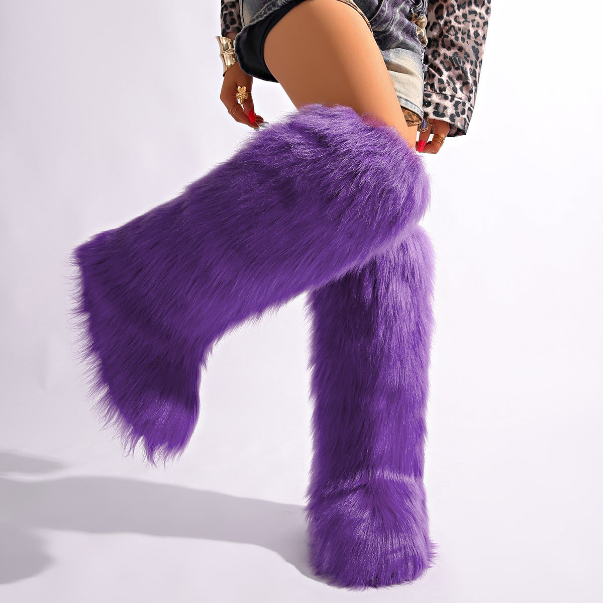 IPPEUM Purple Mongolian Fur Boots Knee High Boots Shoes Winter Plus Size 46