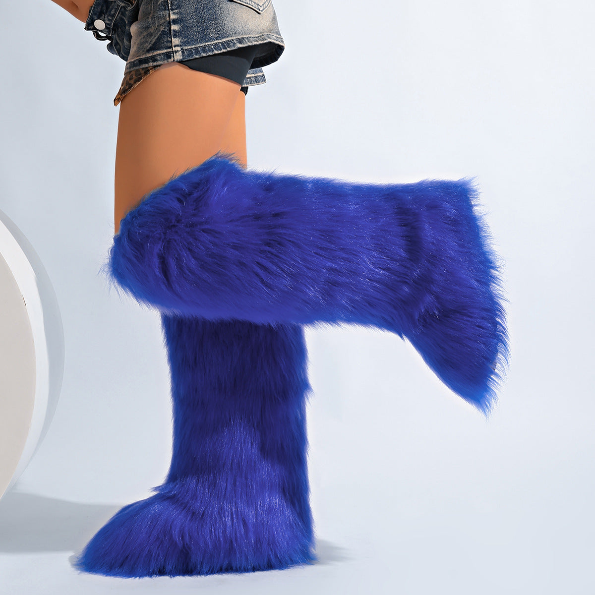 IPPEUM Blue Mongolian Fur Boots Knee High Boots Shoes Winter Plus Size 46