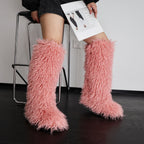 IPPEUM LightPink Mongolian Fur Boots Knee High Boots Shoes Winter Plus Size 45 Fuzzy Boots