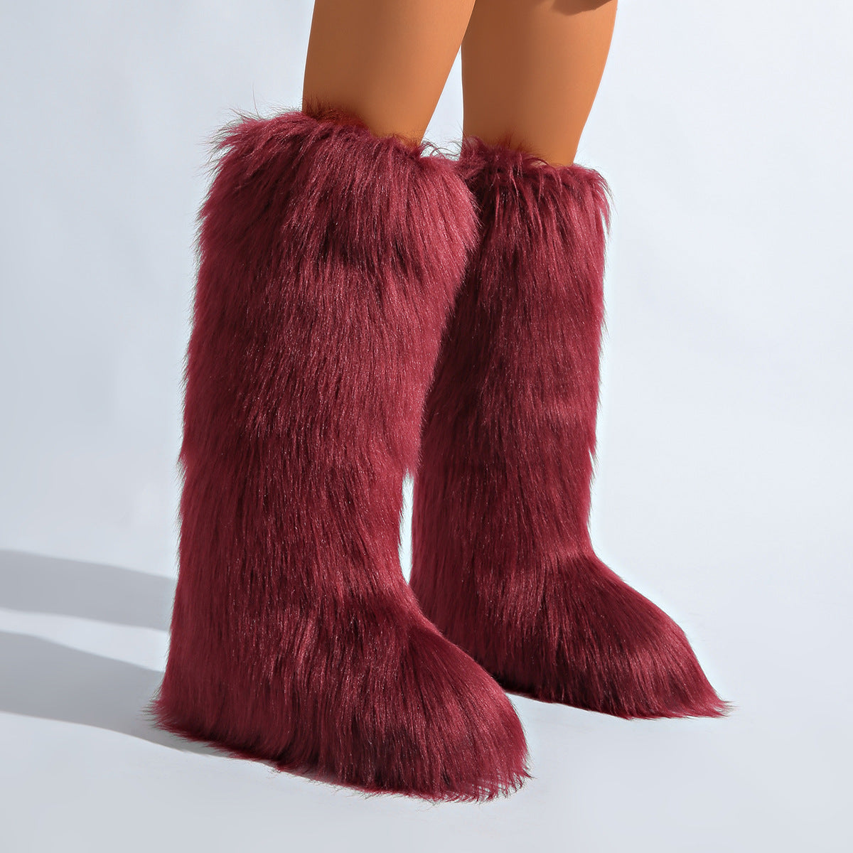 IPPEUM Winered Mongolian Fur Boots Knee High Boots Shoes Winter Plus Size 46