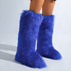 IPPEUM Blue Mongolian Fur Boots Knee High Boots Shoes Winter Plus Size 46