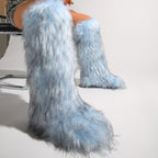 IPPEUM Mongolian Fur Boots Knee High Boots Shoes Winter Plus Size 46 Blue