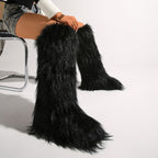 IPPEUM Mongolian Fur Boots Knee High Boots Shoes Winter Plus Size 46 Black