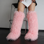 IPPEUM Pink Mongolian Fur Boots Knee High Boots Shoes Winter Plus Size 45 Fuzzy Boots