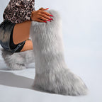 IPPEUM Grey Mongolian Fur Boots Knee High Boots Shoes Winter Plus Size 46