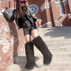 IPPEUM Black Mongolian Fur Boots Knee High Boots Shoes Winter Plus Size 45 Fuzzy Boots